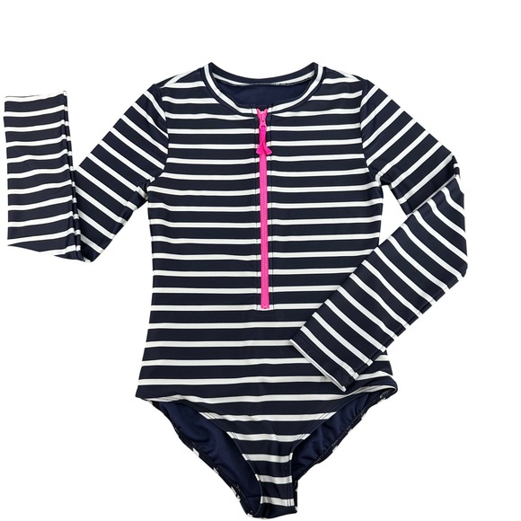 GAP Other - Gap Kids Girl Long Sleeve Rash Guard Swimsuit Navy White Stripe Zip Up Size XL